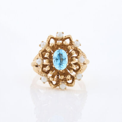 10ct Yellow Gold, .80ct Blue Topaz and Akoya Pearl Ring