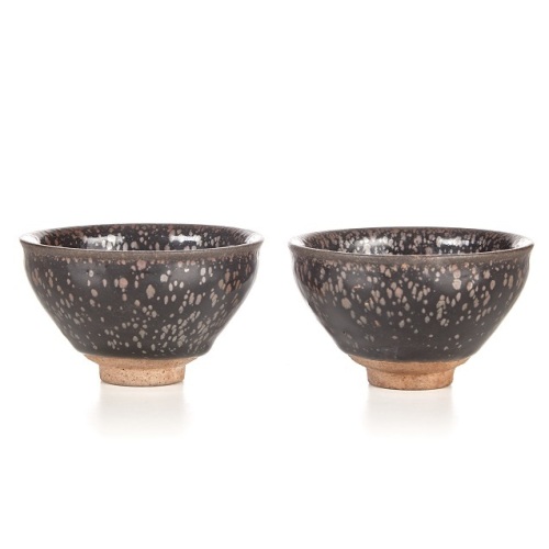 A Pair of Song Dynasty Jian Kiln Style Silver Oil Drop Glaze Cups