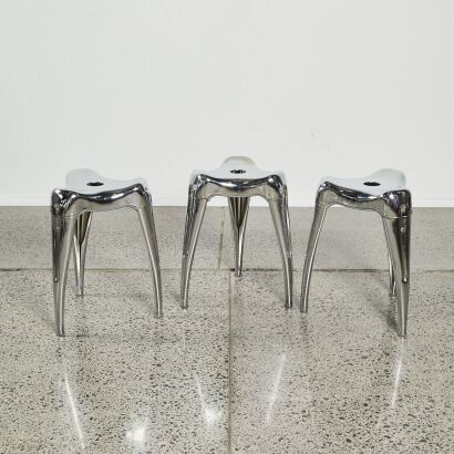 A Set Of Three Yasu Sasamoto For Dulton Chrome Tooth Stools