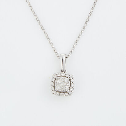 10ct White Gold, Diamond Cluster Pendant on Chain
