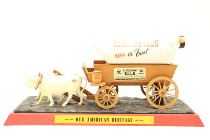 (1) Jim Beam Harolds Club Reno or Bust Covered Wagon Decanter Kentucky Straight Bourbon Whiskey 100 months old, 80 Proof, 4/5 Quart