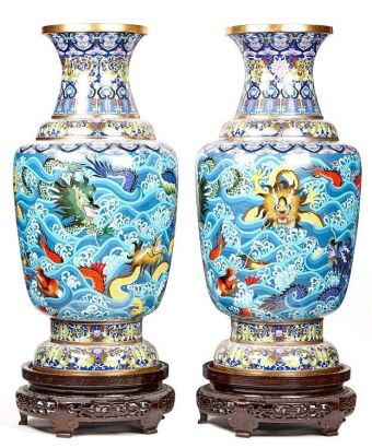A Pair of Chinese Cloisonne Dragon Bottles