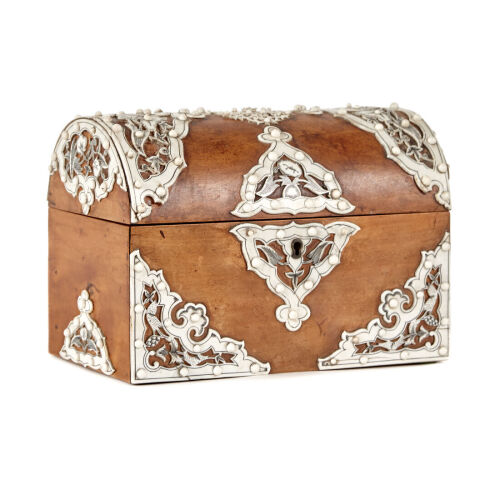 An Ornate Wooden Writing Box with Overlaid Latticed Resin 