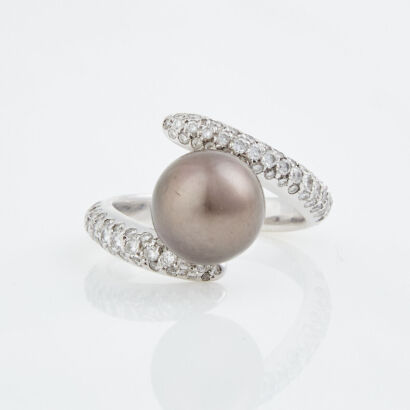 18ct White Gold, 10mm South Sea Cultured Pearl and .70ct Diamond Ring