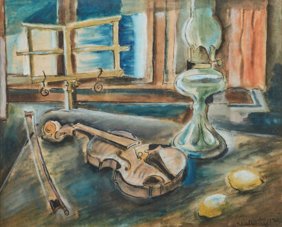 KEITH PATTERSON Still Life with Lamps & Violin Music Stand