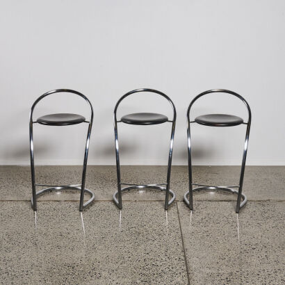 A Trio of Italian Chrome & Wood Barstools by Effezeta