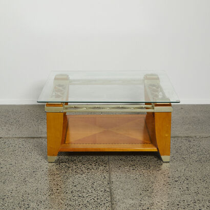 An Italian Square Coffee Table with Inlaid Maple and Glass Top