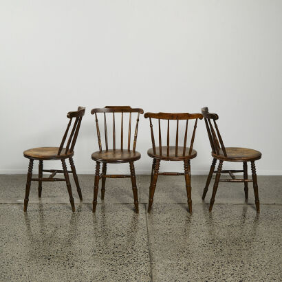 A Set Of Four Antique Ibex Sweden Beechwood Stick-Back Penny Seat Rustic Kitchen Chairs