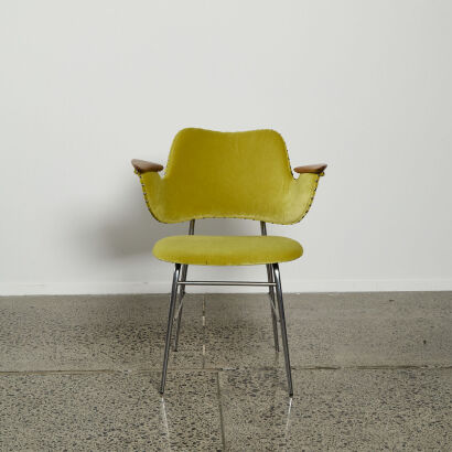 A Mid-Century Single Chrome And Ply Studded Winged Chair With Acid Yellow Upholstery