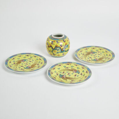 A Trio Of Hand Painted Chinese Plates And Ginger Jar