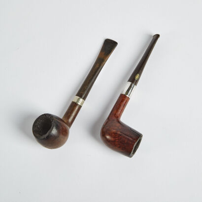 A Pair Of Vintage English Smoker's Pipes, One With Sterling Silver Collar, London Hallmarks 1957