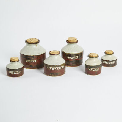 A Set Of Six Len Castle And Andrew Van Der Putten Graduated Spice Jars