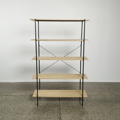 A Industrial five Tier Display Shelf with Oak Shelves And Black Metal Frame