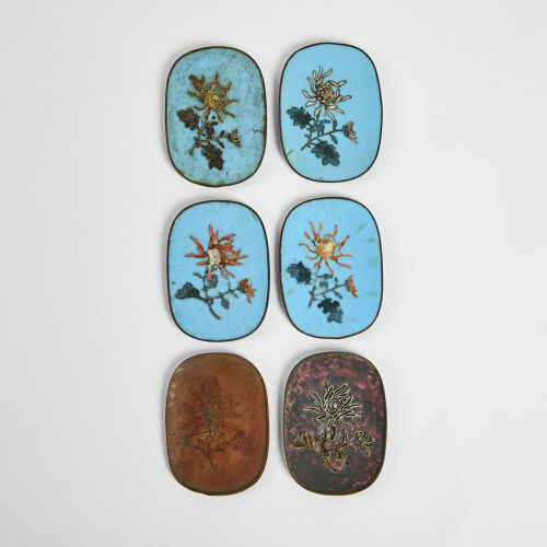 A Rare Set Of Six Oval Meiji Period Cloisonne Workers, c1880