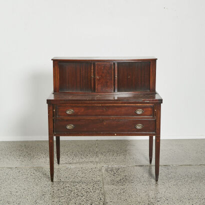 An Antique Inlayed Leather Topped Writing Desk With Tapered Legs By Scholles Chicago