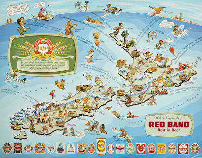 A 1960s New Zealand Breweries Poster Featuring A Map Of NZ