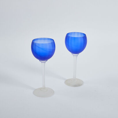 A Pair Of Garry Nash Hand Blown Signed Blue Goblets