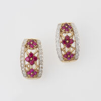 9ct Yellow Gold, Synthetic Ruby and Diamond Earrings