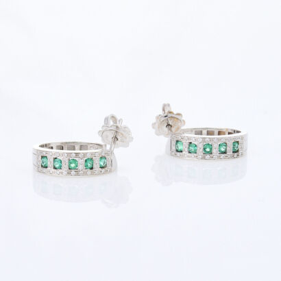 18ct White Gold, .31ct Emerald and .20ct Diamond Hoop Earrings