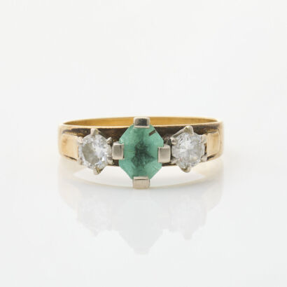 18ct Yellow Gold, 6 x 5mm Emerald and .40ct Diamond Ring