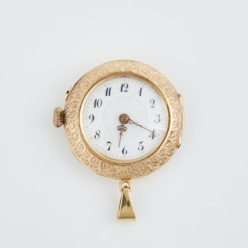 An Ornate, 14ct Yellow Gold Ladies Pocket Watch with Enamelled Caseback