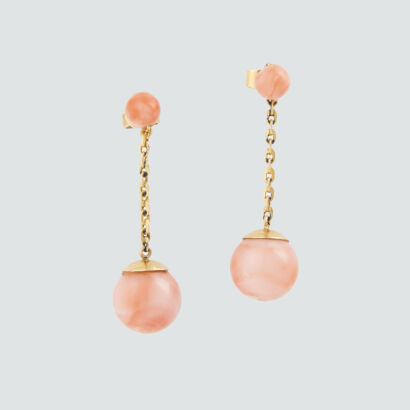 14ct Yellow Gold, 28mm Long Coral Drop Earrings