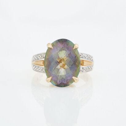 14ct Yellow Gold, Mystic Topaz and Diamond Ring