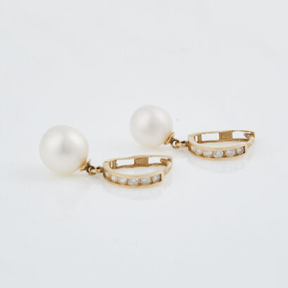 14ct Yellow Gold, Pearl Drop and Clear Stone Earrings