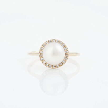 14ct Yellow Gold, Pearl and Clear Stone Ring