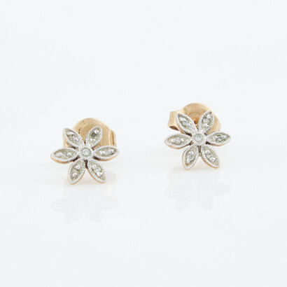 9ct Yellow Gold, .07ct Diamond Flower Stud Earrings