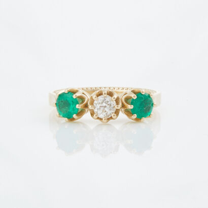 18ct Yellow Gold, .80ct Emerald and .33ct Diamond Three Stone Ring