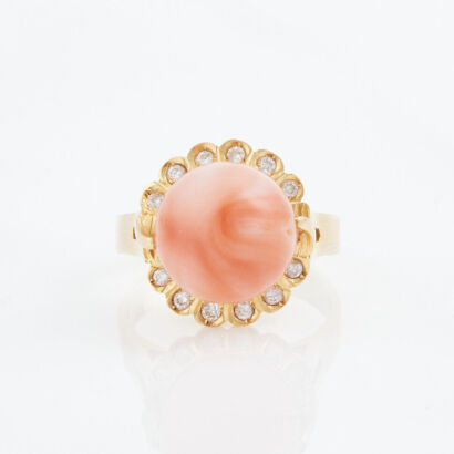 14ct Yellow Gold, 12.3mm Coral and .12ct Diamond Ring