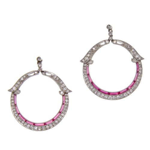 Platinum Antique Diamond and Ruby Hoop Earrings