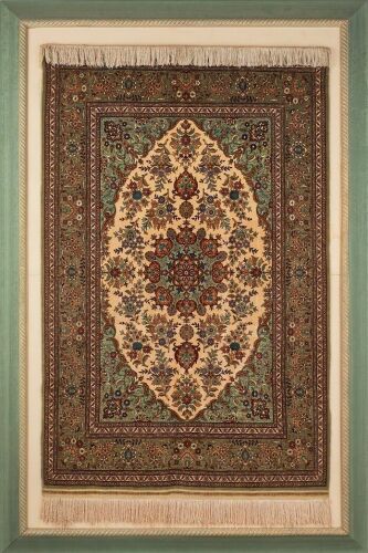 A Framed Hand-Woven Silk Persian Nain Carpet