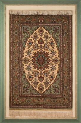 A Framed Hand-Woven Silk Persian Nain Carpet
