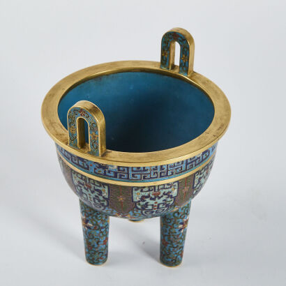 A Chinese Qing Dynasty Cloisonne Tripod Amphora Incense Burner (Qianlong Mark)