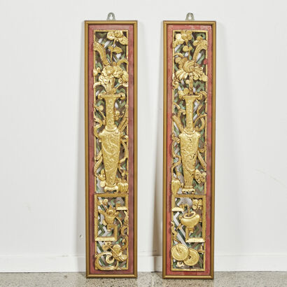 A Pair of Chinese Qing Dynasty Carved and Gilt Wood Window Grilles