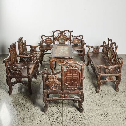 A set of Chinse Qing Dynasty Canton-style Mahogany Tables and Chairs