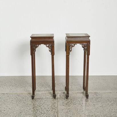 A pair of Chinese Rosewood Flower Stands with Marble Top