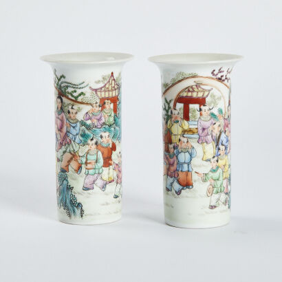 Chinese pastel baby play picture straight bottle in pair _Qing Dynasty Qianlong year mark_