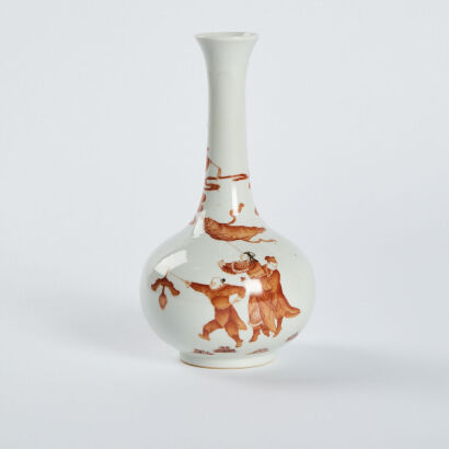 A Chinese Qing Dynasty Cooper-red Glazed Long-necked Bottle Vase with Figure Sword and Horse Pattern (Daoguang mark)