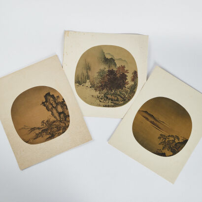 A Chinese ink and water Round Fan with landscape (in silk) x3