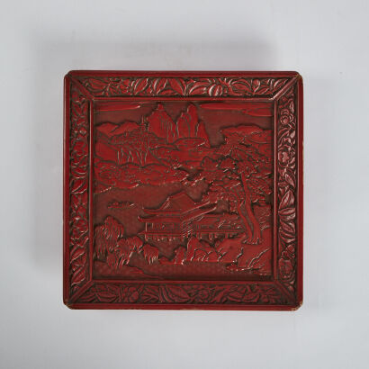 A Chinese Qing Dynasty Red- Lacquered Square Dish