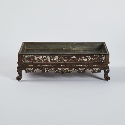 A Chinese 19th Century wooden box with inlaid shell pattern