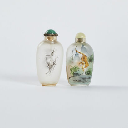 Chinese inside- painted 'tiger, prawn' glass snuff bottles x2 Chinese inside- painted 'landscape, flower and birds, figure' glass snuff bottles x 4