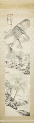 A Chinese Qing Dynasty Landscape Painting Hanging Scroll _ Lin Xu Mark)