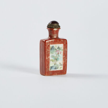 A Chinese Qing dynasty famille-rose square snuff bottle with a landscape pattern