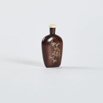 A Chinese early 20th Century wood inlain gold and silver thread flowers snuff bottle