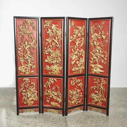 A Chinese Qing Dynasty Carved Four Seasons Flower and Bird Pattern 4-folded Screen