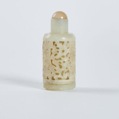 A Chinese white jade Skeleton carving turning snuff bottle